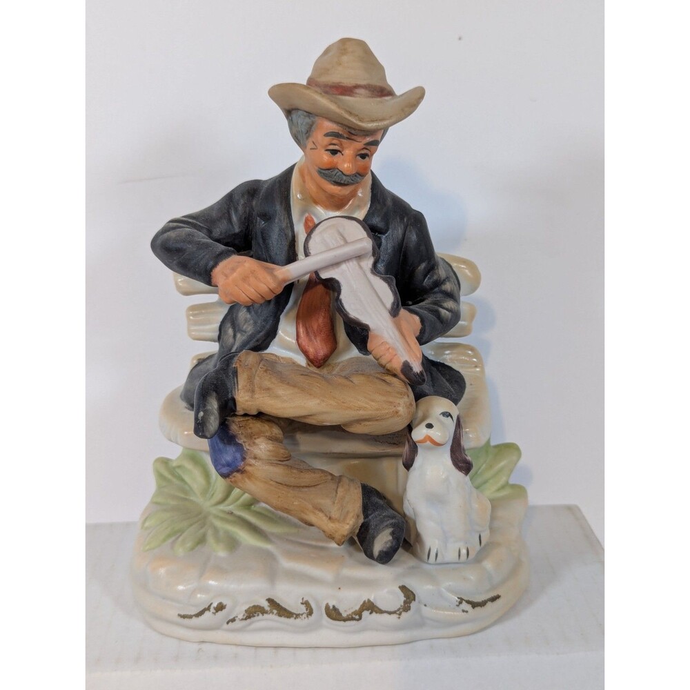 Vintage Homco Porcelain Man with Dog Playing Fiddle Figurine 7 1/2"